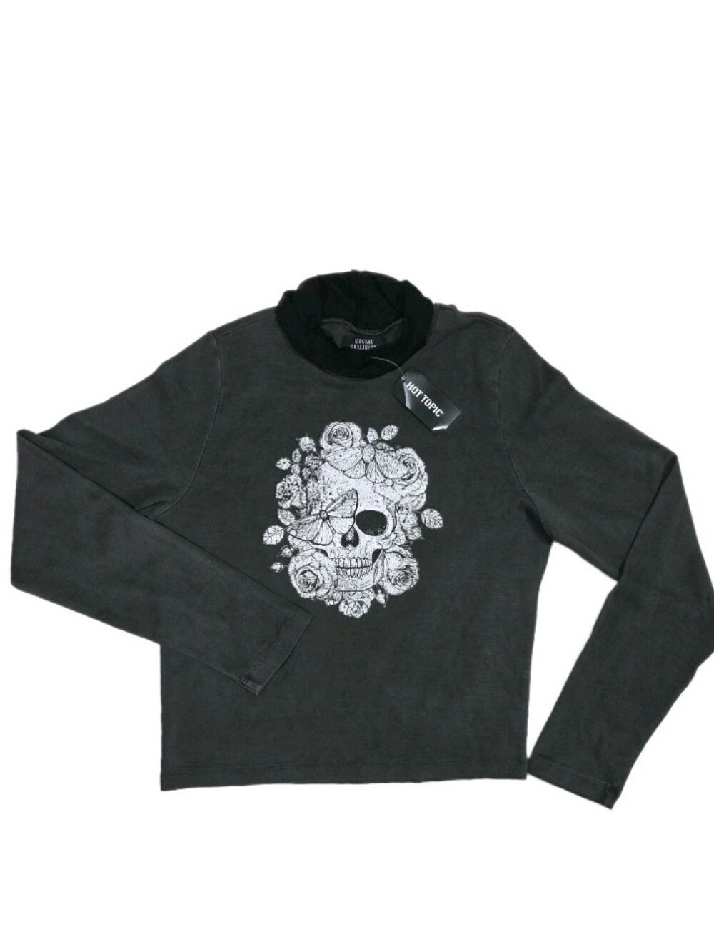 Social Collision Skull Rose Long Sleeve Mock Neck Top Gray Womens Size 2 New